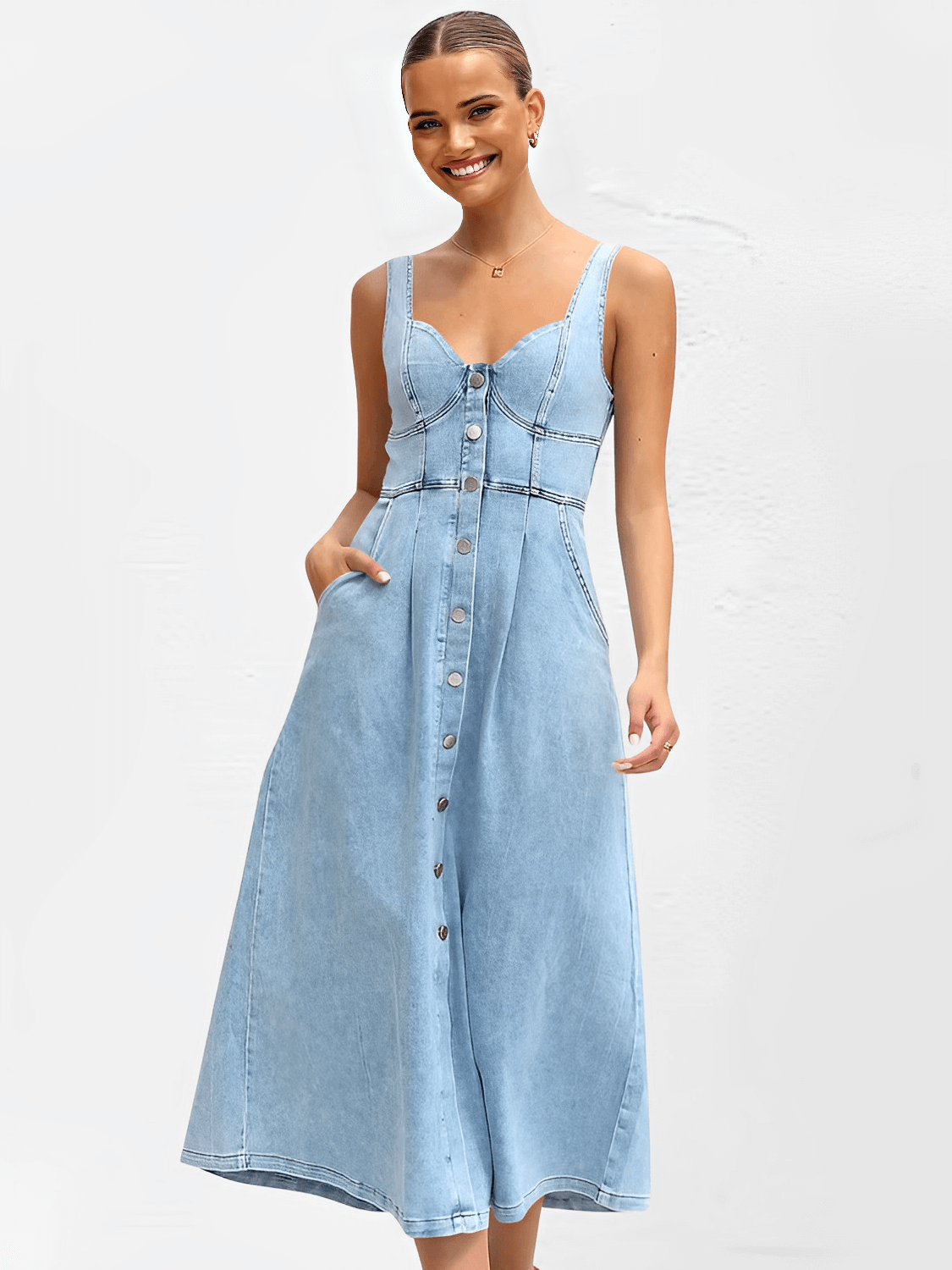Vestido Midi Jeans com Decote Coração e Botões Frontais – Pilar
