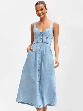 Vestido Midi Jeans com Decote Coração e Botões Frontais – Pilar