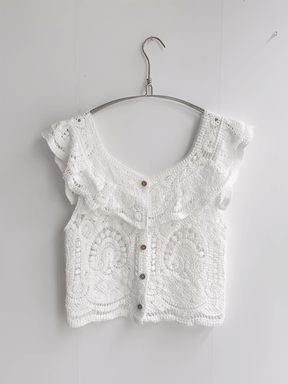 Blusa Feminina em Crochê Vazado com Babados nos Ombros e Botões  - Marvila