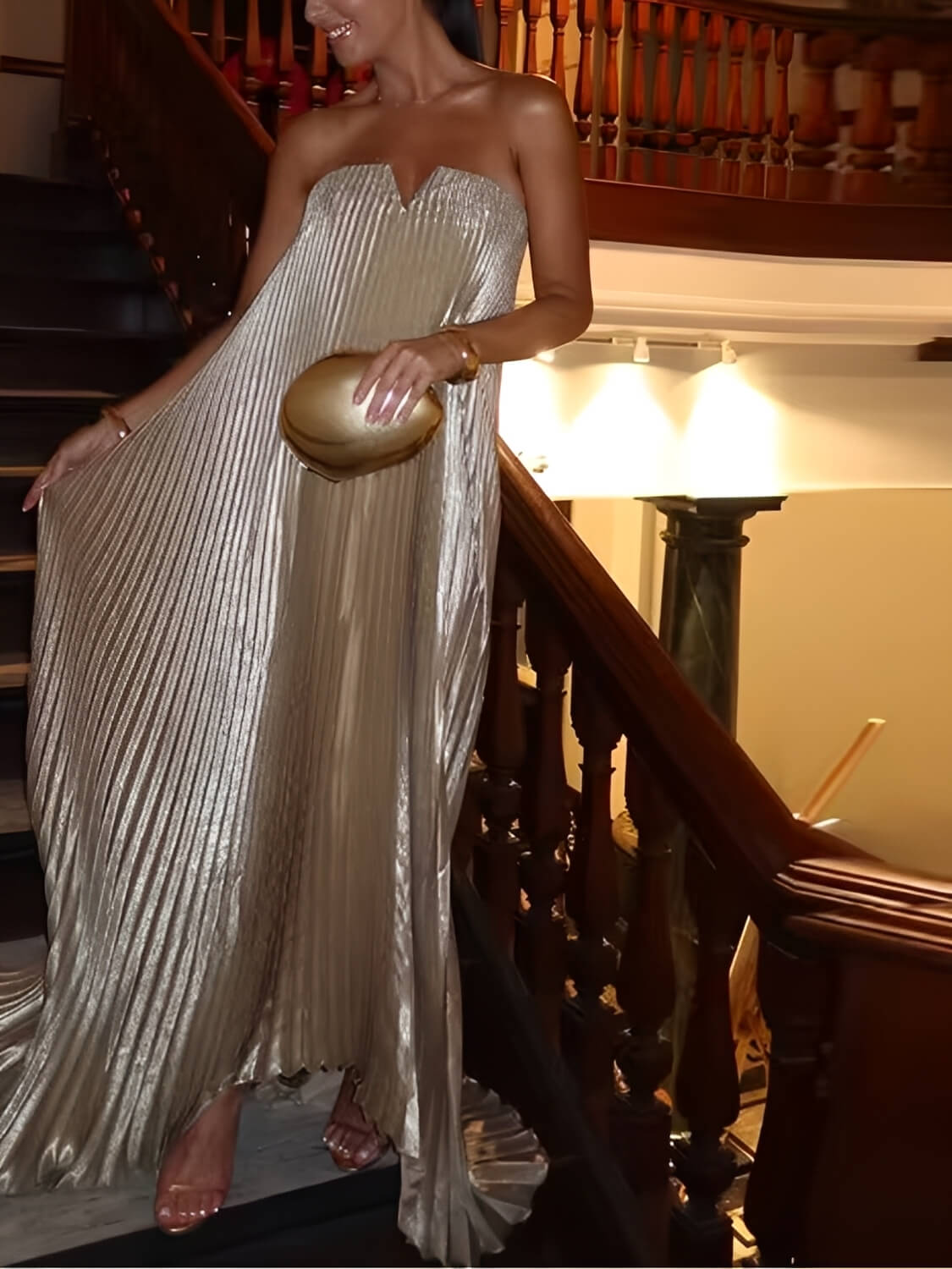 Vestido Longo Plissado Acetinado Tomara que Caia Assimétrico - Éris