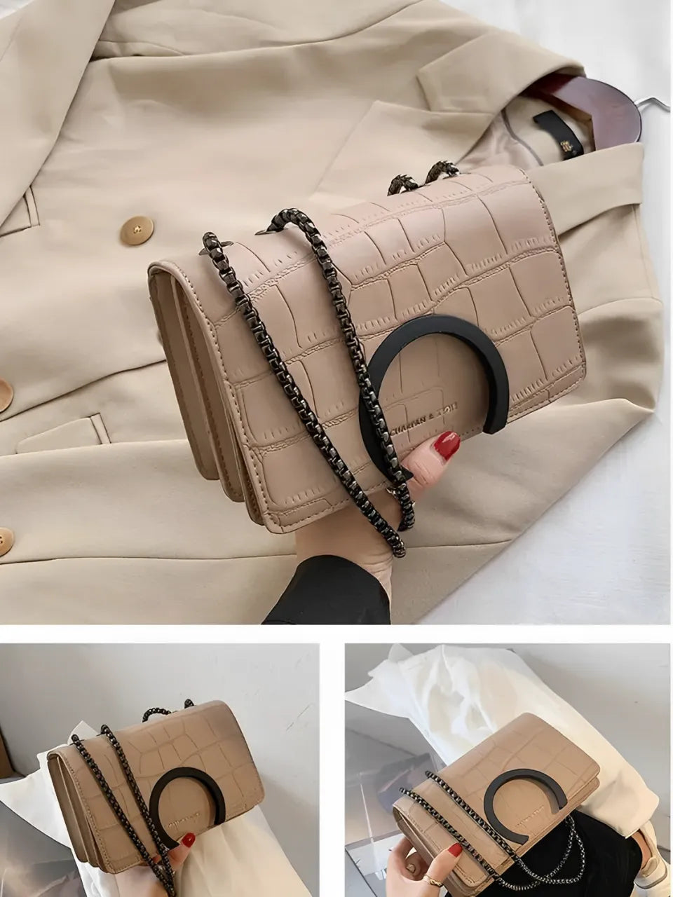 Bolsa Transversal em Couro PU com Correntes e Fecho Magnético - Anne