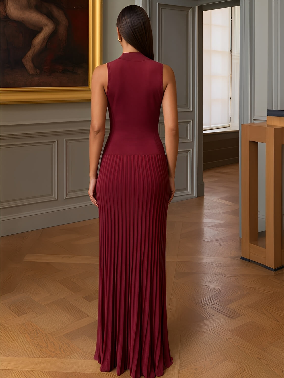 Vestido Longo em Tricô Canelado com Gola Alta e Saia Plissada – Sonia [FRETE FULL]
