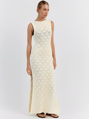 Vestido Longo em Crochê Vazado com Fenda Lateral – Filipa [FRETE FULL]