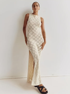 Vestido Longo em Crochê Vazado com Fenda Lateral – Filipa [FRETE FULL]