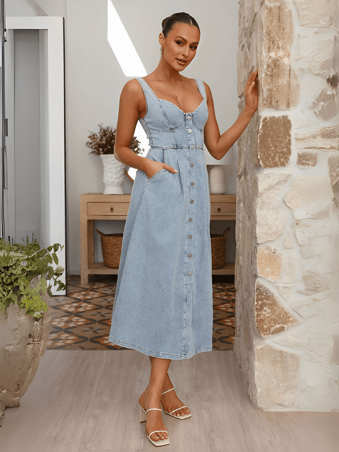 Vestido Midi Jeans com Decote Coração e Botões Frontais – Pilar