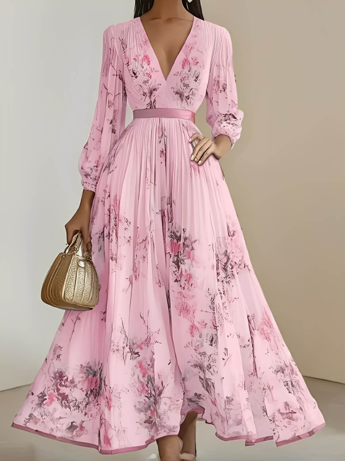 Vestido Longo Plissado Floral com Decote em V e Cinto-Faixa – Seraphina [FRETE FULL]
