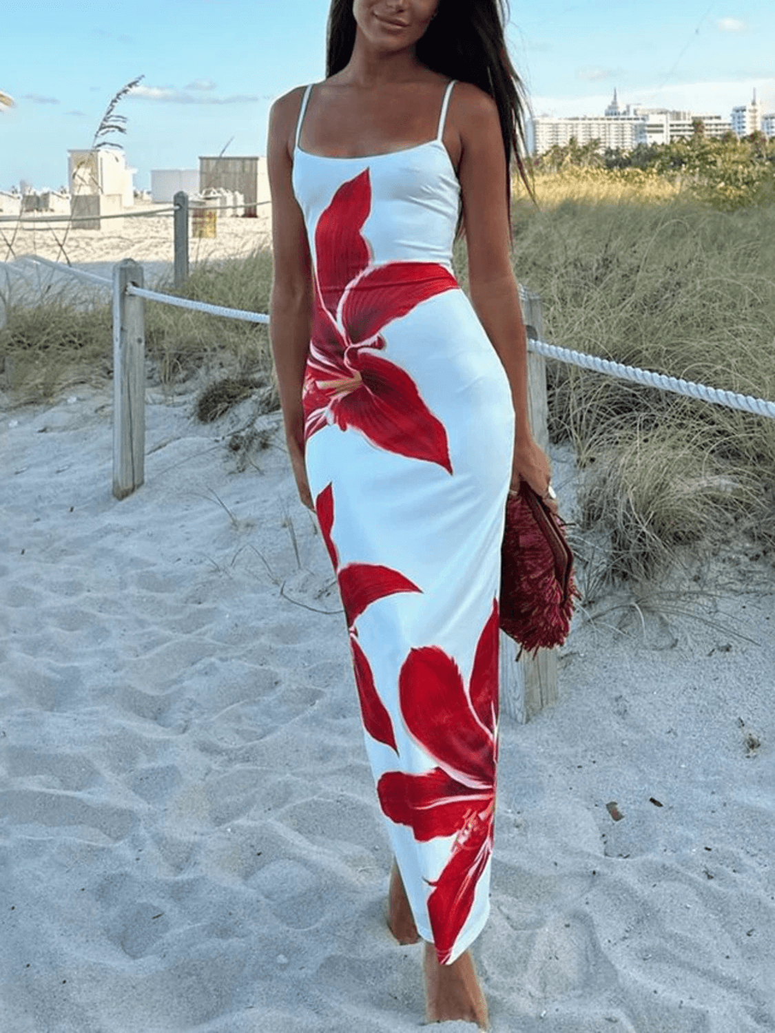 Vestido Longo Floral de Alças com Fenda Decote Quadrado - Izabella