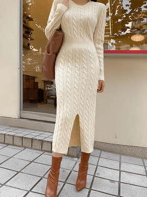 Vestido Midi em Tricô Texturizado com Decote 2 em 1 e Manga Longa – Genebra [FRETE FULL]