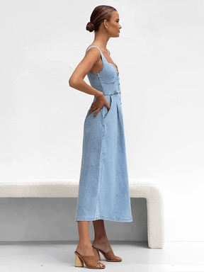 Vestido Midi Jeans com Decote Coração e Botões Frontais – Pilar