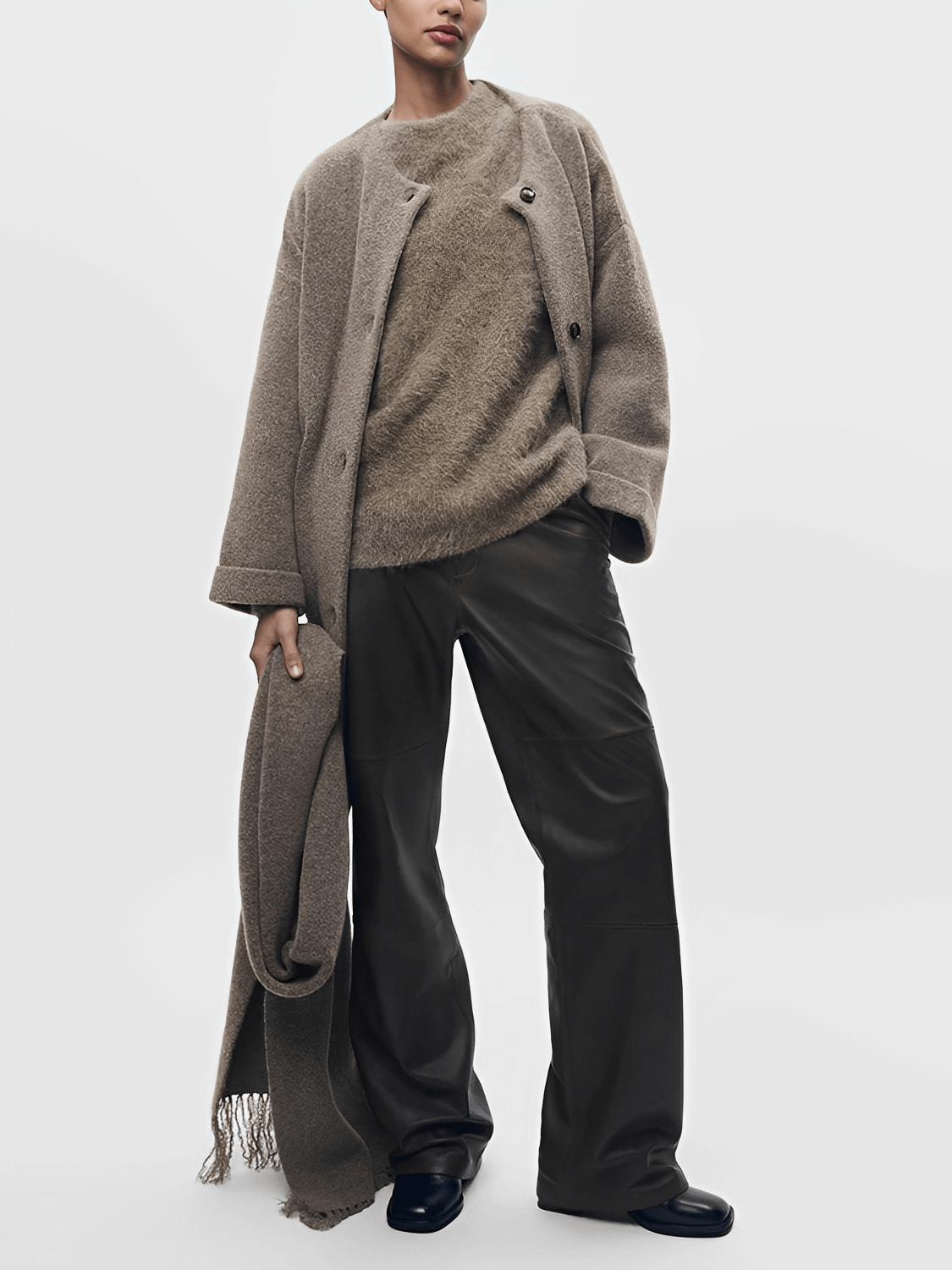 Casaco Oversized em Lã Batida com Cachecol Removível - Marjorie