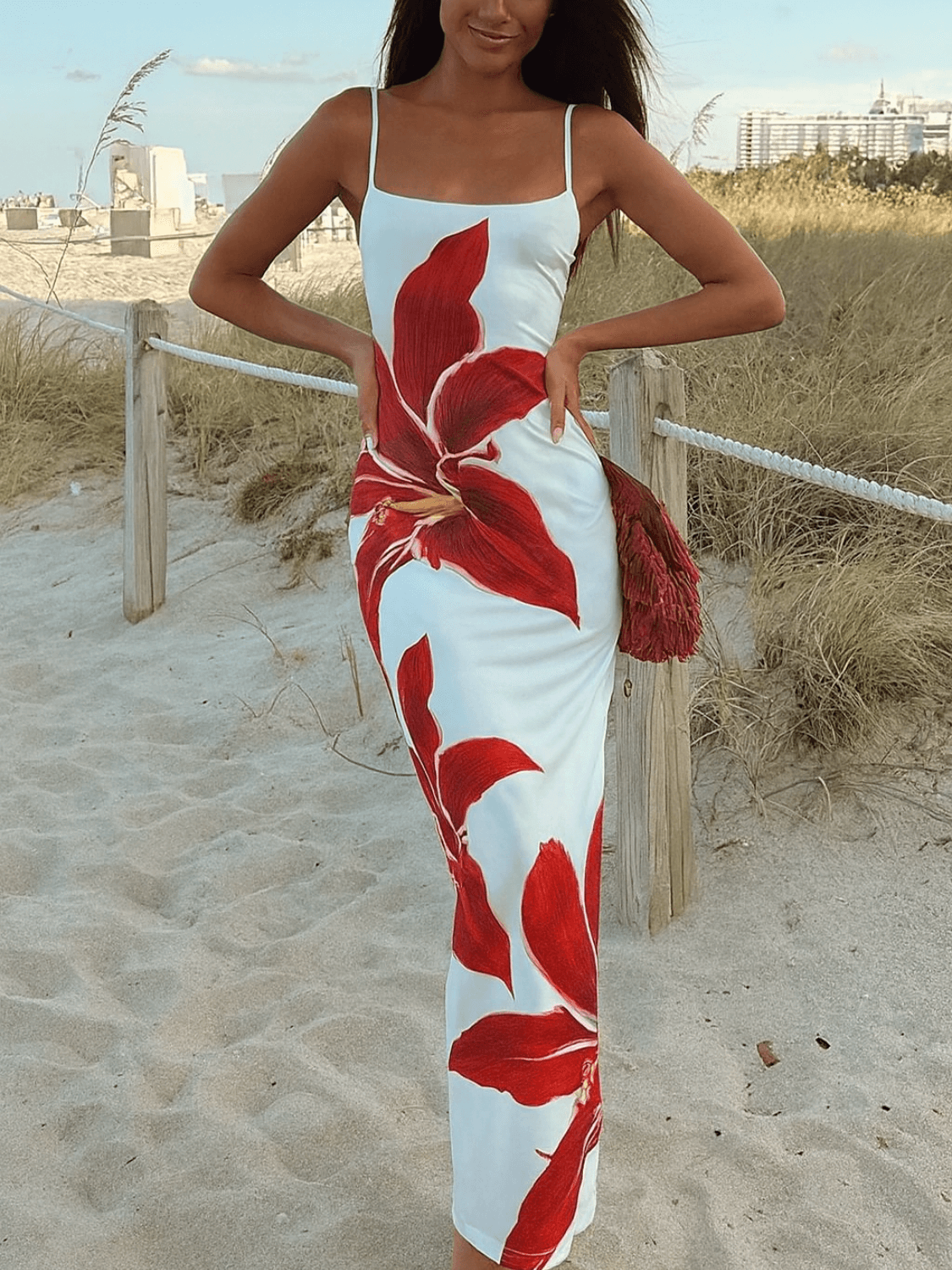 Vestido Longo Floral de Alças com Fenda Decote Quadrado - Izabella