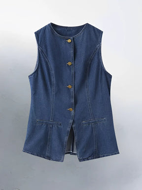Conjunto Jeans com Colete de Botões e Short de Cintura Alta - Raiza