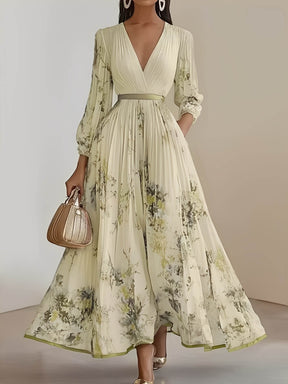Vestido Longo Plissado Floral com Decote em V e Cinto-Faixa – Seraphina [FRETE FULL]