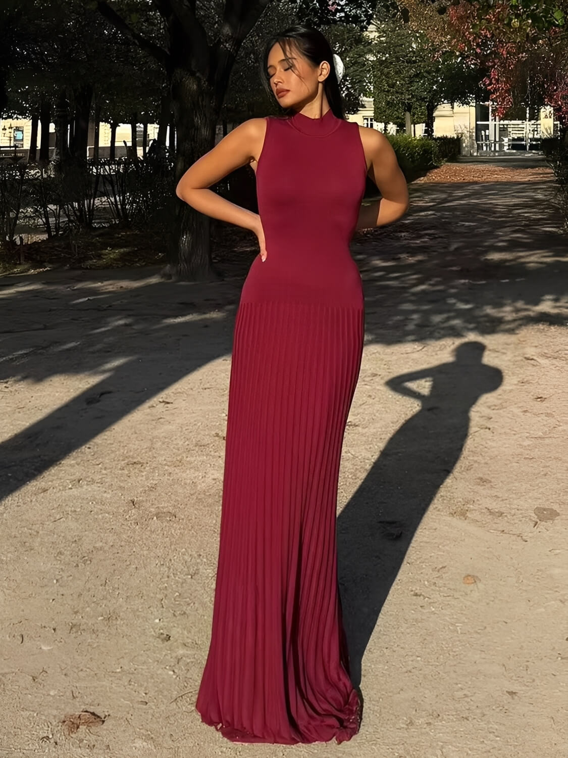 Vestido Longo em Tricô Canelado com Gola Alta e Saia Plissada – Sonia [FRETE FULL]