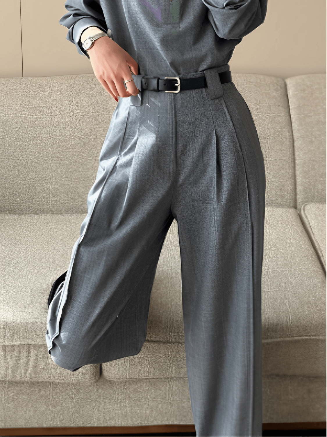 Calça Wide Leg em Alfaiataria Texturizada com Cintura Alta – Alyssa
