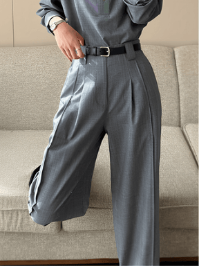 Calça Wide Leg em Alfaiataria Texturizada com Cintura Alta – Alyssa