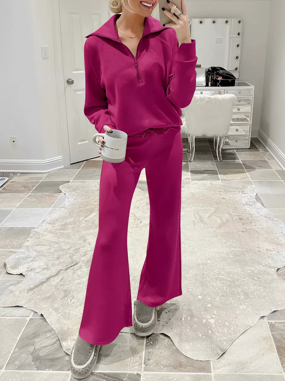 Conjunto Feminino com Suéter Gola Alta Ajustável e Calça Cintura Média com Ajuste de Cordão - Alessandra [FRETE FULL]