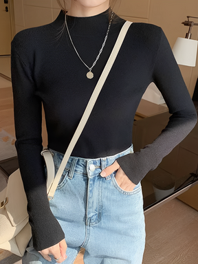 Suéter Feminino  de Tricô Canelado com Gola Alta – Saphira