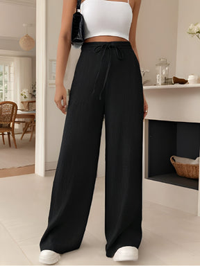 Calça Pantalona com Cintura Alta Elástica e Amarração Ajustável – Anya