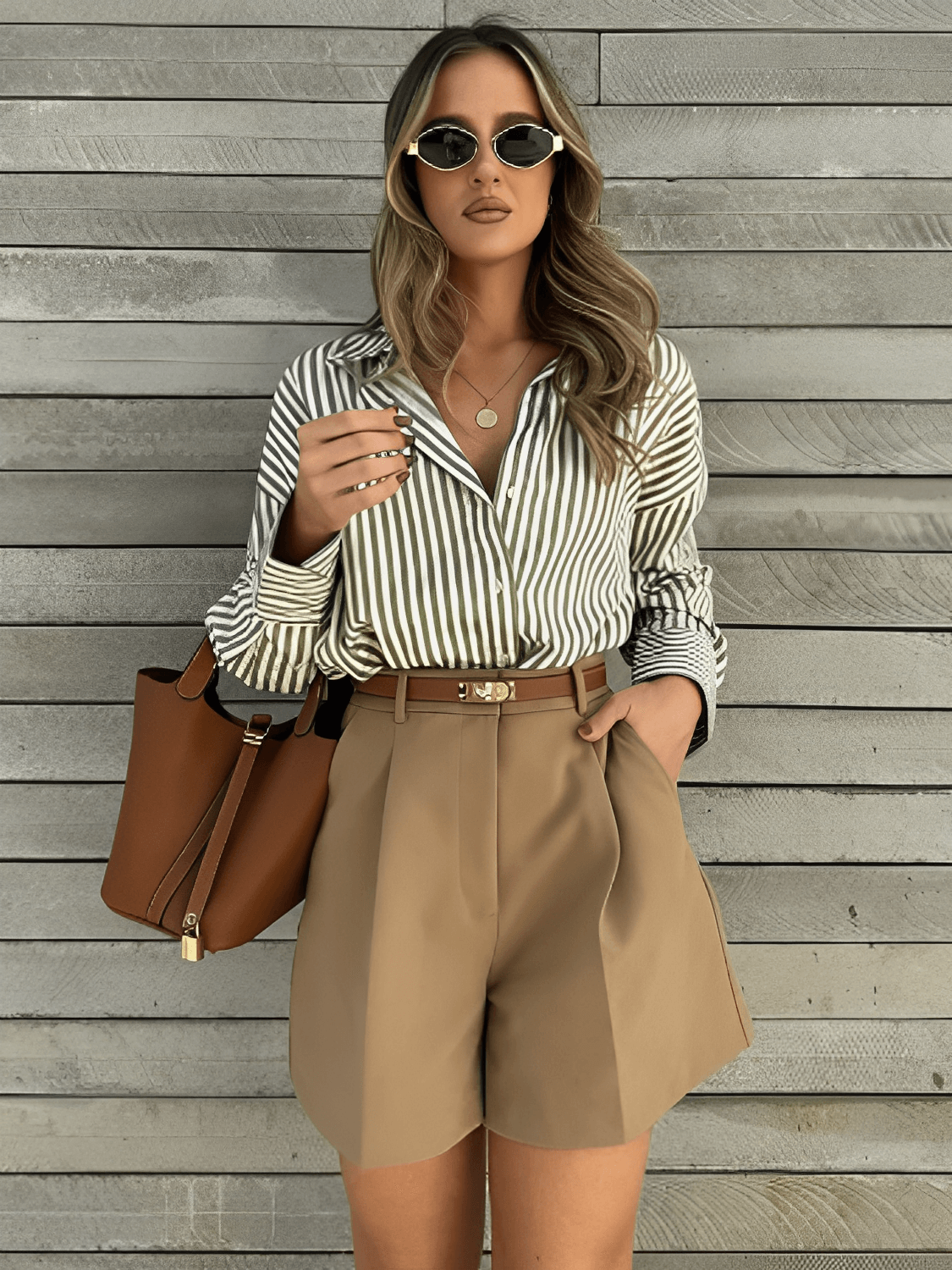 Camisa Listrada com Gola Clássica  Estruturada e Botões Frontais  – Glória