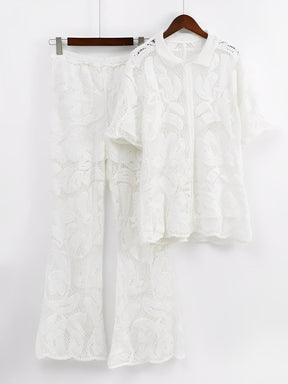 Conjunto em Crochê Floral Vazado com Camisa e Calça Flare – Yani