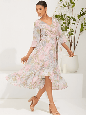 Vestido Midi Floral em Chiffon Evasê Assimétrico de Mangas Sino – Alexia [FRETE FULL]