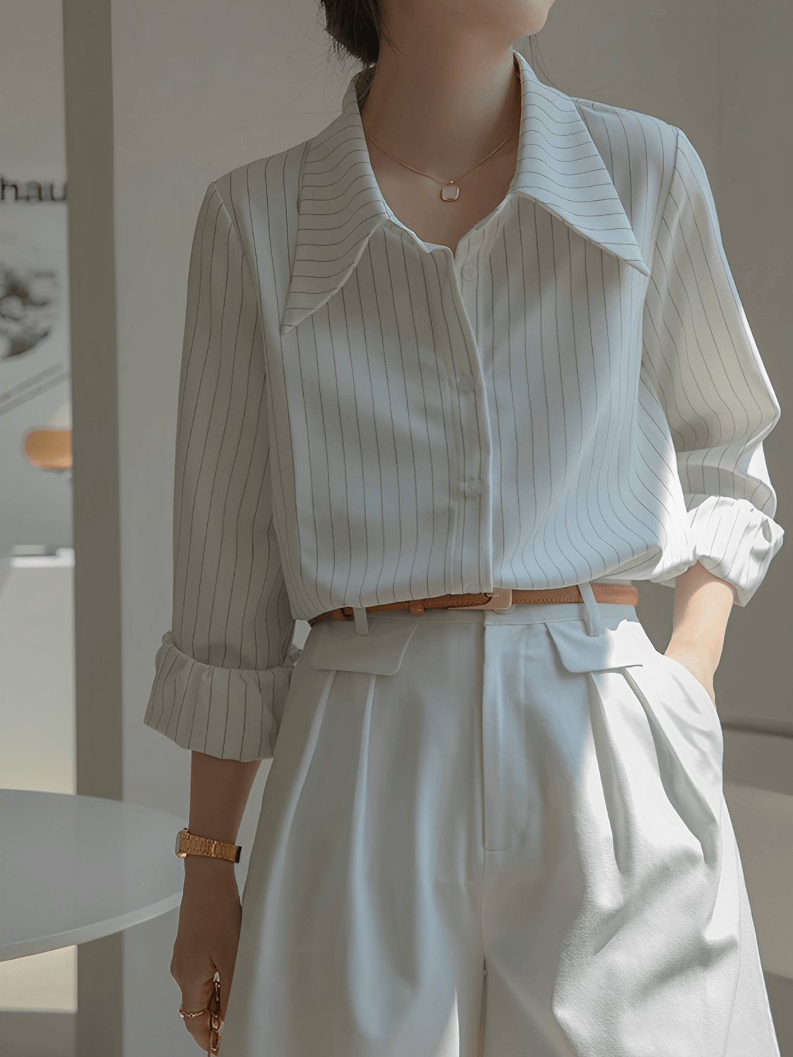 Camisa Vintage com Listras Finas Gola Ampla e Punhos Ajustados - Lucia