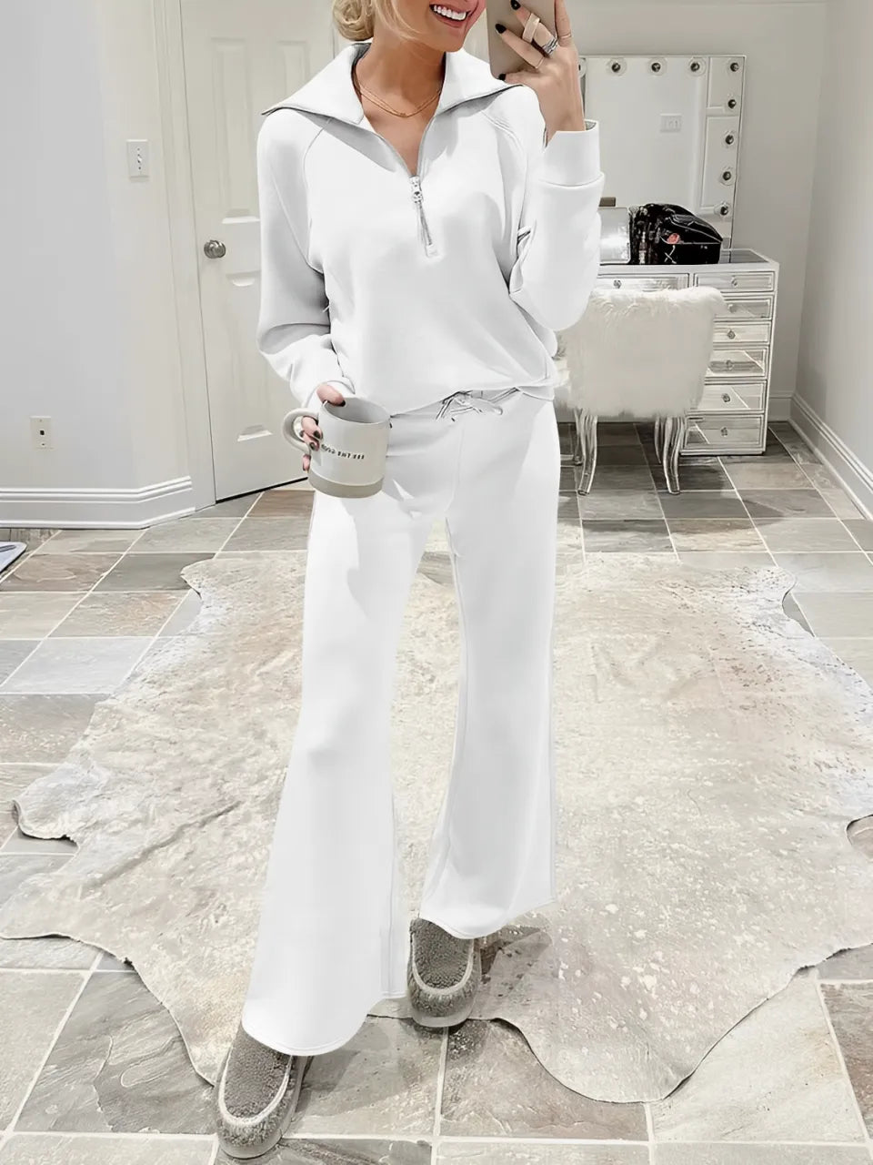 Conjunto Feminino com Suéter Gola Alta Ajustável e Calça Cintura Média com Ajuste de Cordão - Alessandra [FRETE FULL]