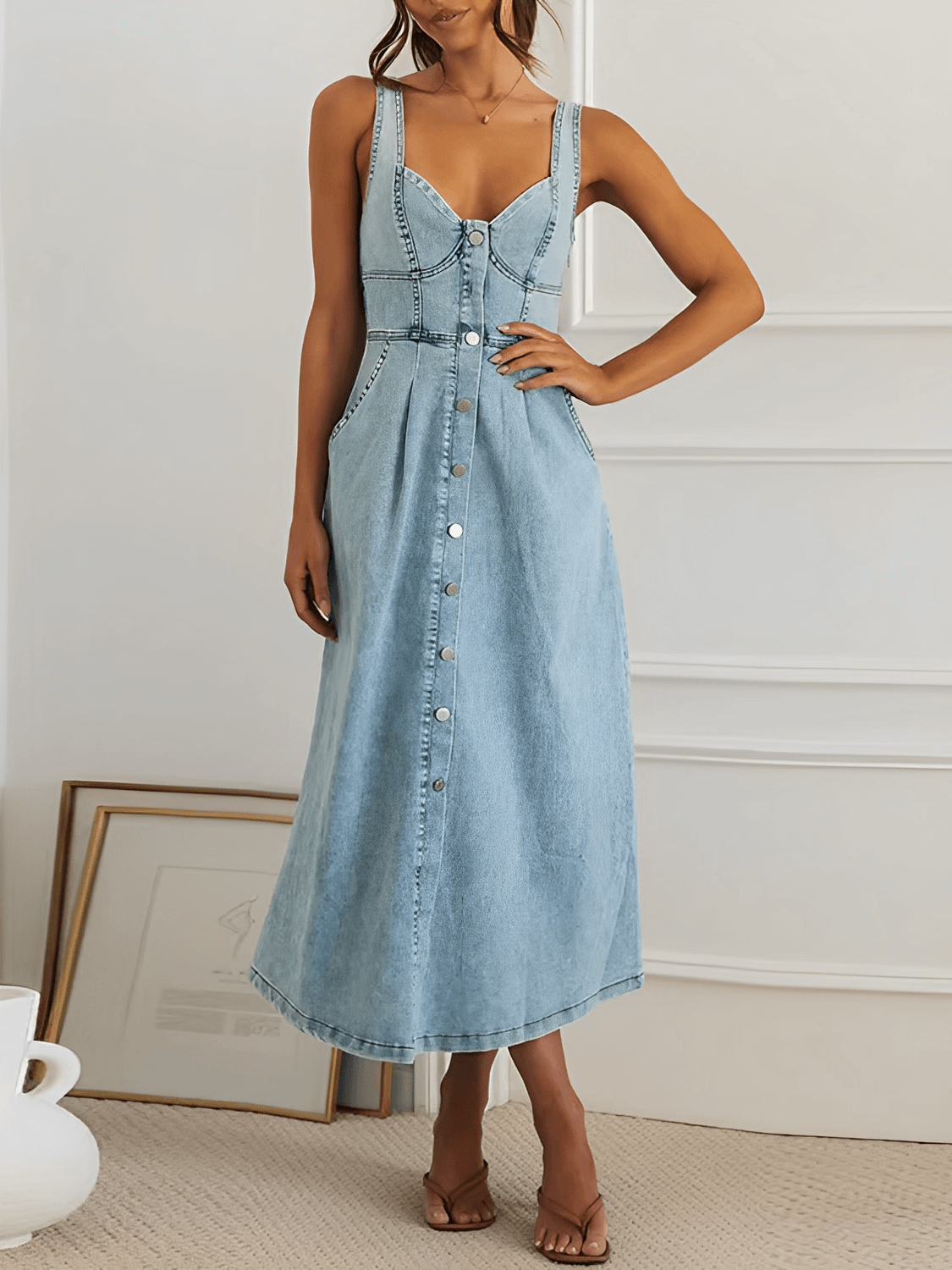 Vestido Midi Jeans com Decote Coração e Botões Frontais – Pilar