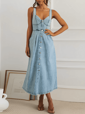 Vestido Midi Jeans com Decote Coração e Botões Frontais – Pilar