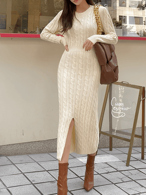 Vestido Midi em Tricô Texturizado com Decote 2 em 1 e Manga Longa – Genebra [FRETE FULL]