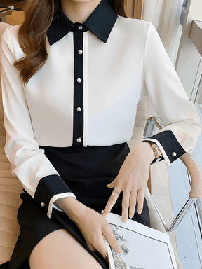 Camisa Chiffon Bicolor Contrastante e Botões Perolados  – Monica