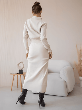 Conjunto Alfaiataria em Viscose com Suéter e Saia Midi de Botões - Geyze