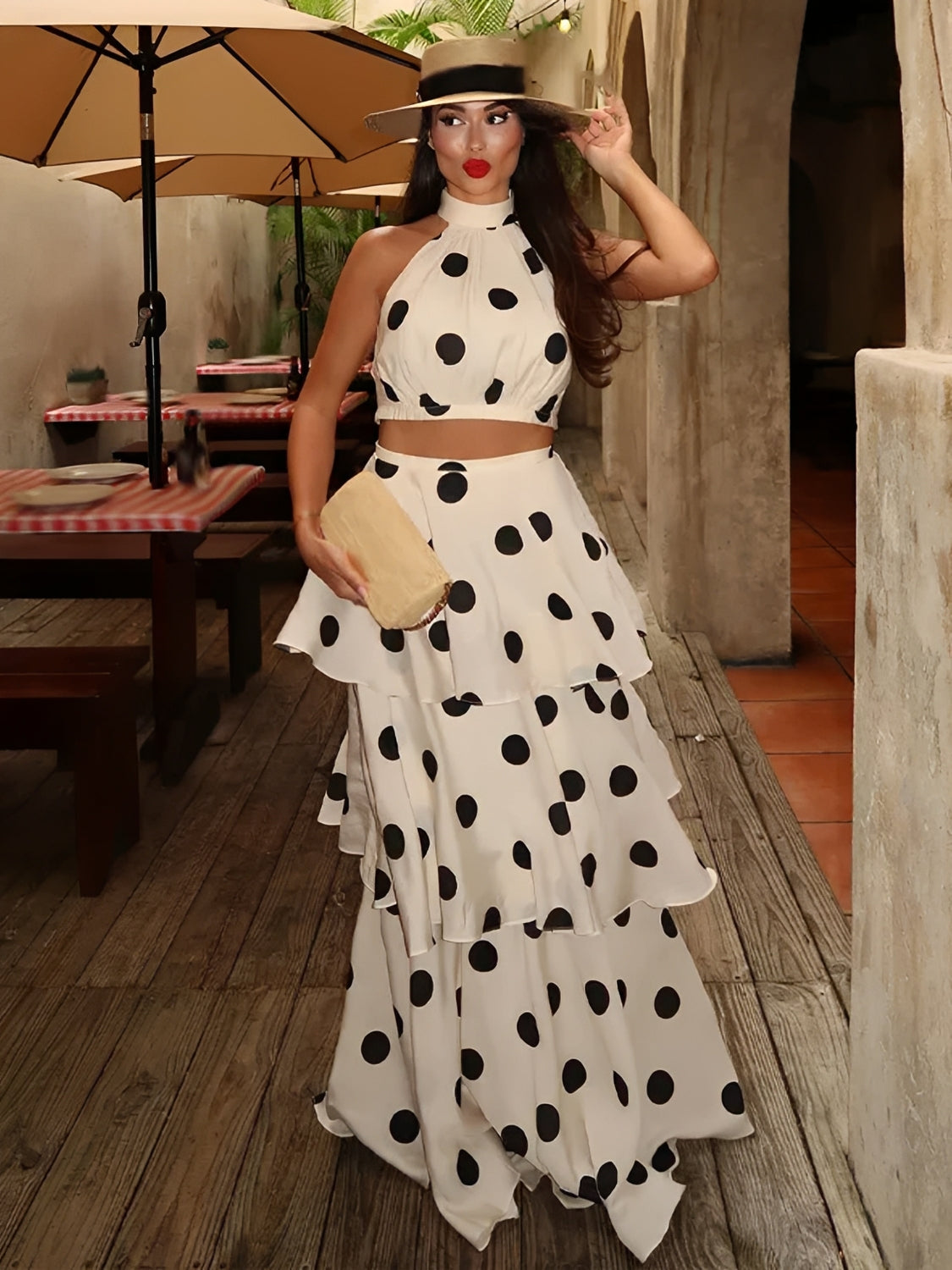 Conjunto Poá em Chiffon com Top Halter e Saia Longa em Camadas - Sibeli