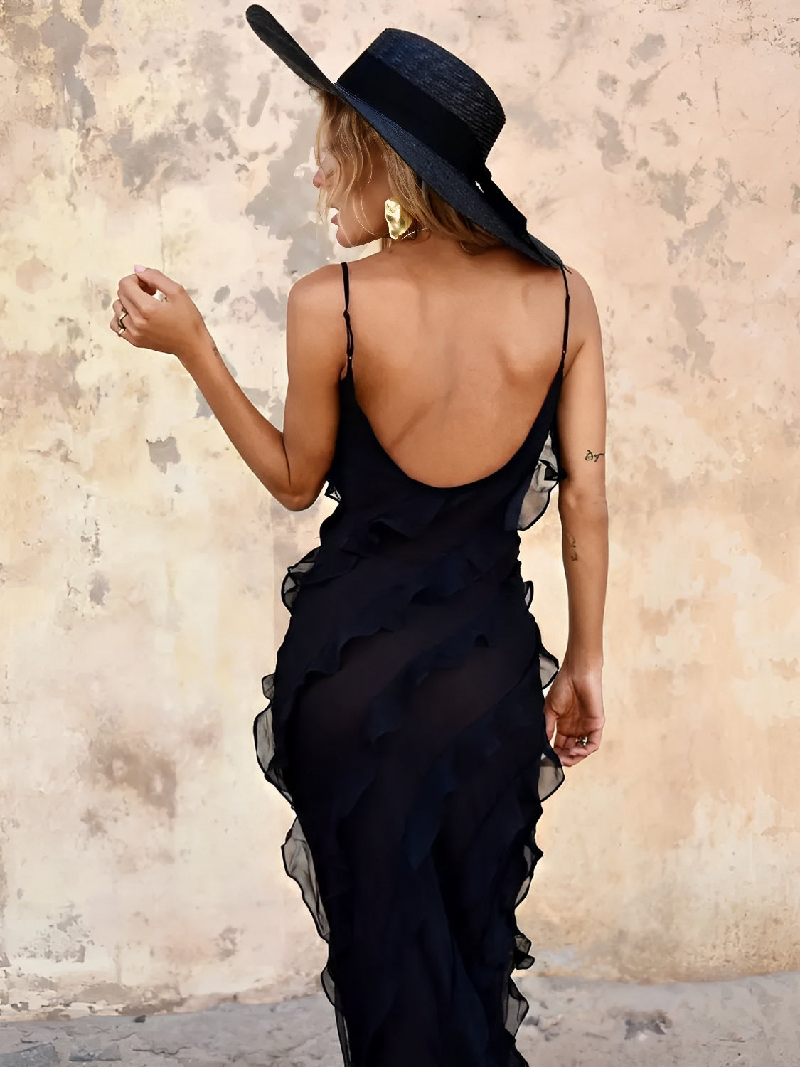 Vestido Longo de Festa em Chiffon De Alças Babados e Costas Nuas – Cassandra [FRETE FULL]