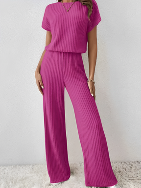 Conjunto Canelado com Blusa Manga Morcego e Calça Pantalona – Maite