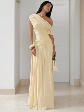 Vestido Longo Plissado Ombro Único Acinturado com Franzidos  – Lunara
