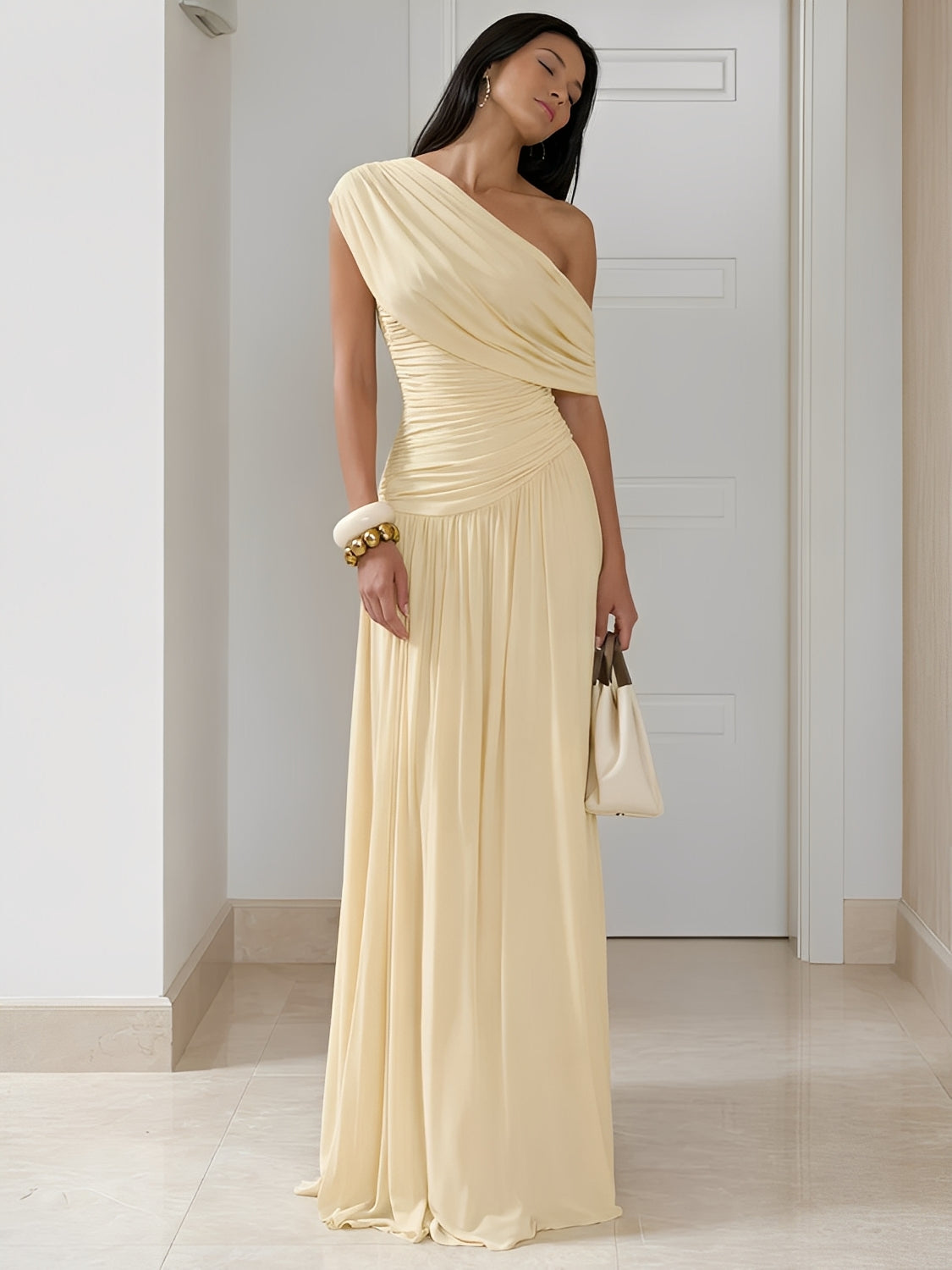 Vestido Longo Plissado Ombro Único Acinturado com Franzidos  – Lunara [FRETE FULL]