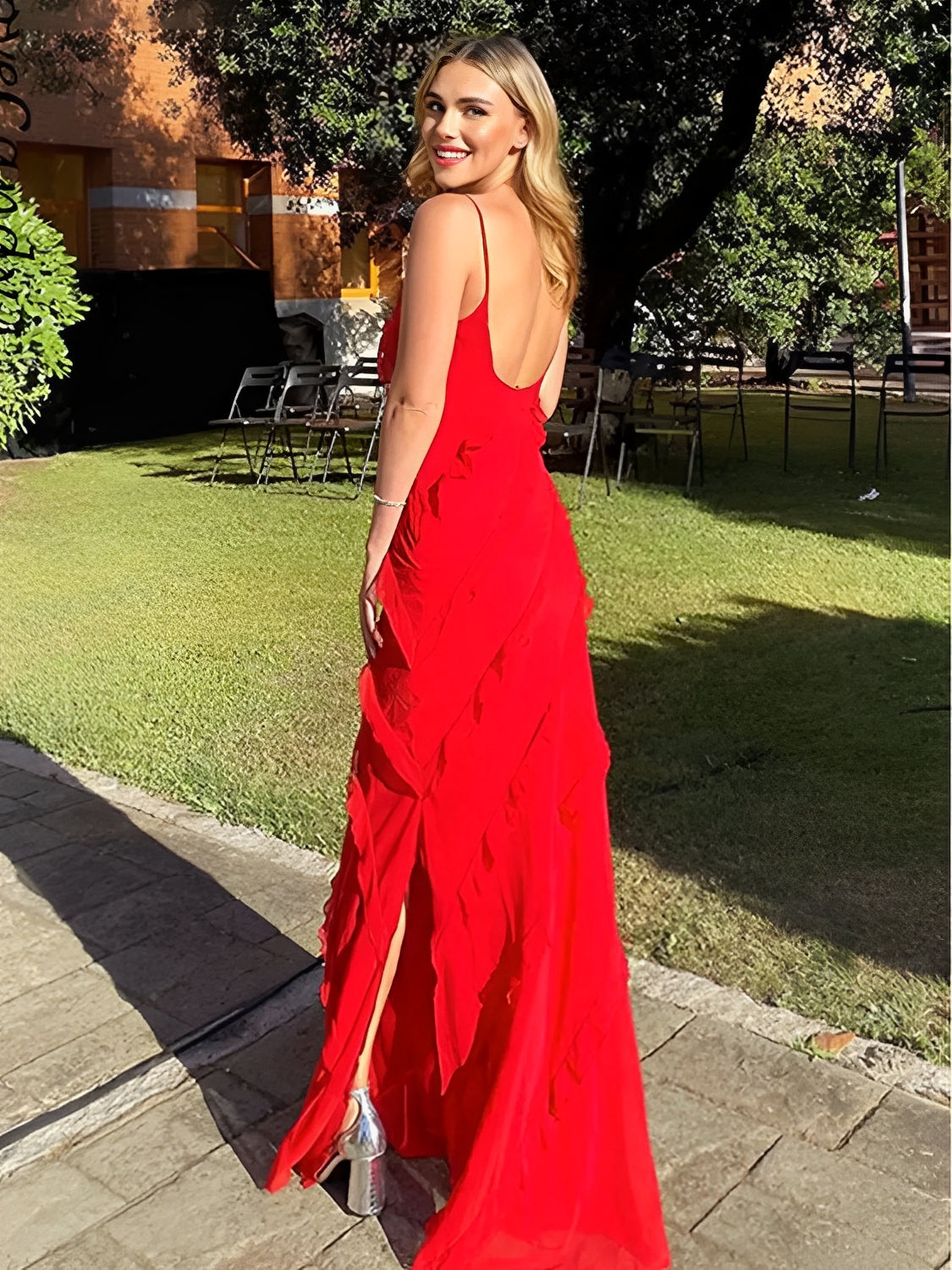 Vestido Longo de Festa em Chiffon De Alças Babados e Costas Nuas – Cassandra [FRETE FULL]