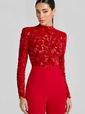 Macacão Elegante Manga Longa com Renda e Calça Flare com Cinto - Yeva [FRETE FULL]