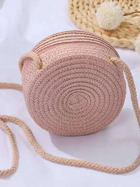 Bolsa Redonda Transversal em Palha com Alça de Corda e Zíper – Aurora