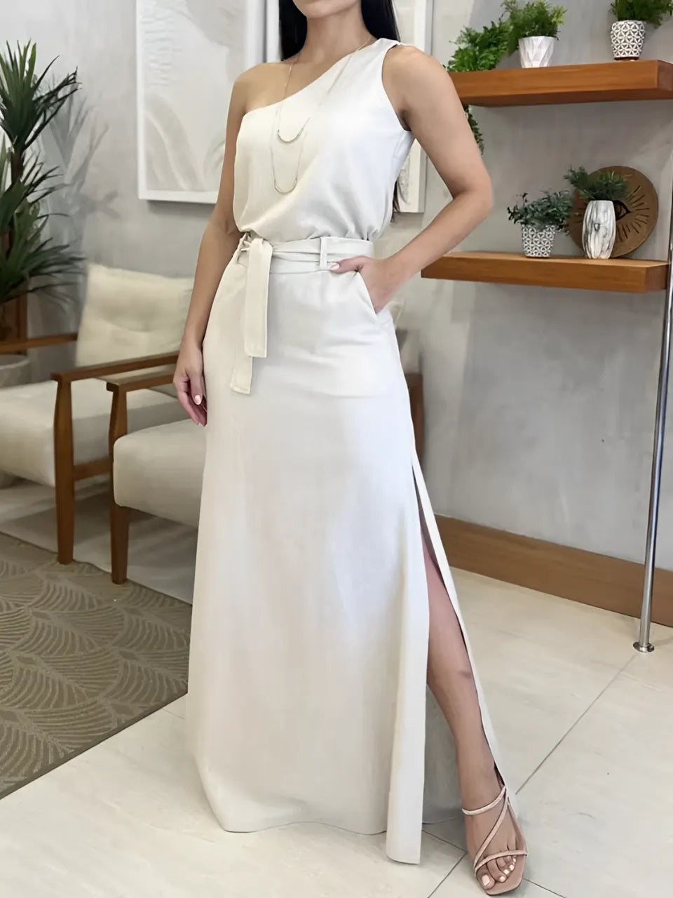Conjunto com Blusa de Ombro Único e Saia Longa de com Amarração - Malena [FRETE FULL]