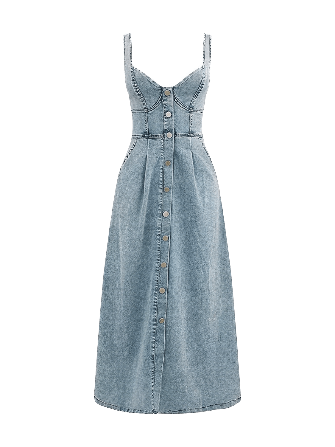 Vestido Midi Jeans com Decote Coração e Botões Frontais – Pilar