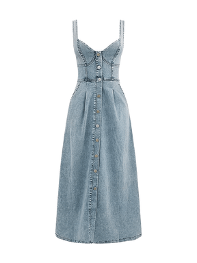 Vestido Midi Jeans com Decote Coração e Botões Frontais – Pilar