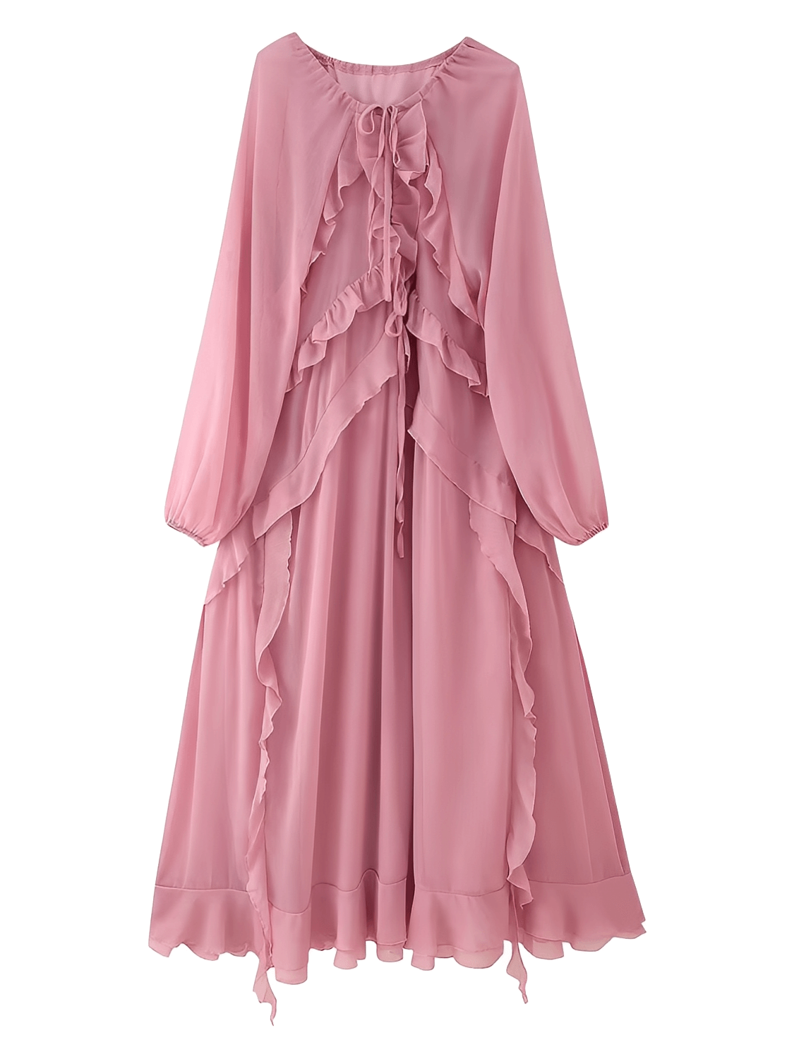 Vestido Longo em Chiffon com Babados Decote em V e Mangas Longas  – Amelie