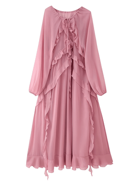 Vestido Longo em Chiffon com Babados Decote em V e Mangas Longas  – Amelie