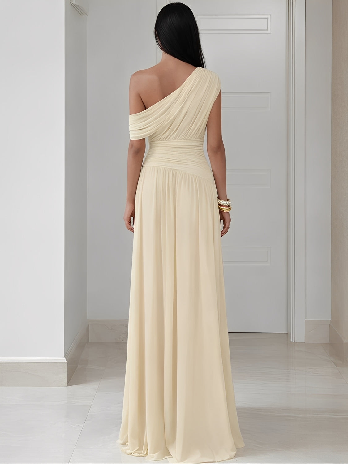 Vestido Longo Plissado Ombro Único Acinturado com Franzidos  – Lunara [FRETE FULL]