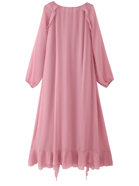 Vestido Longo em Chiffon com Babados Decote em V e Mangas Longas  – Amelie