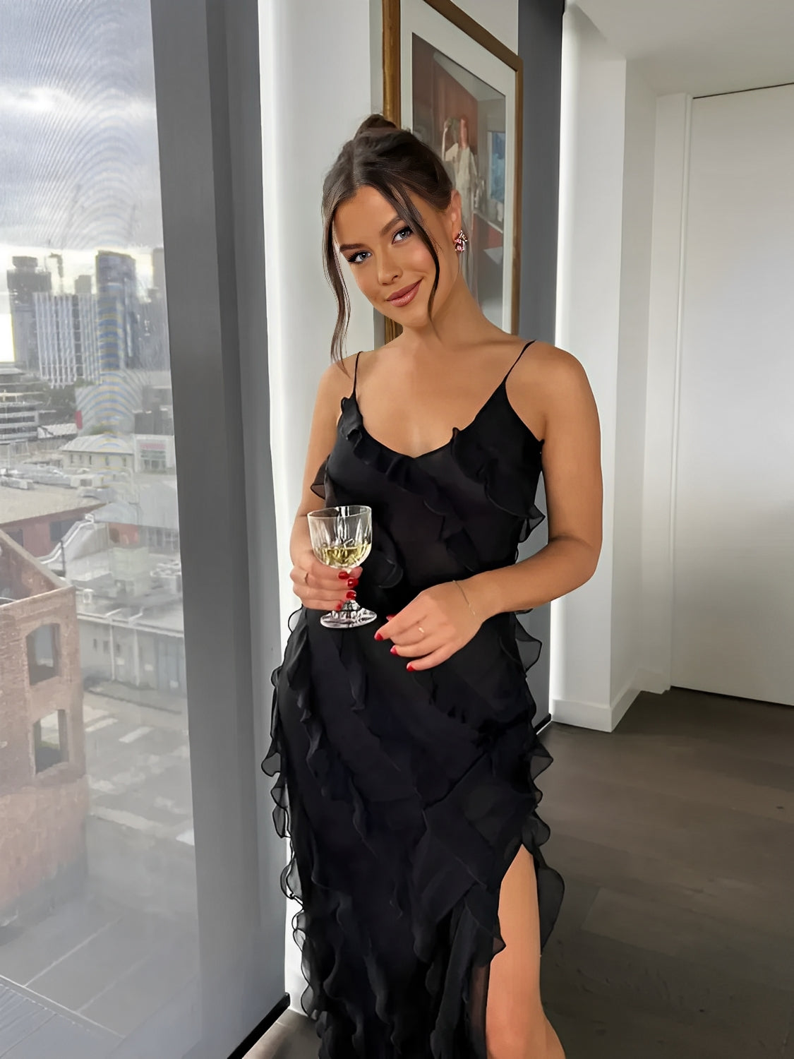 Vestido Longo de Festa em Chiffon De Alças Babados e Costas Nuas – Cassandra [FRETE FULL]