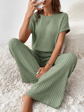 Conjunto Canelado com Blusa Manga Morcego e Calça Pantalona – Maite